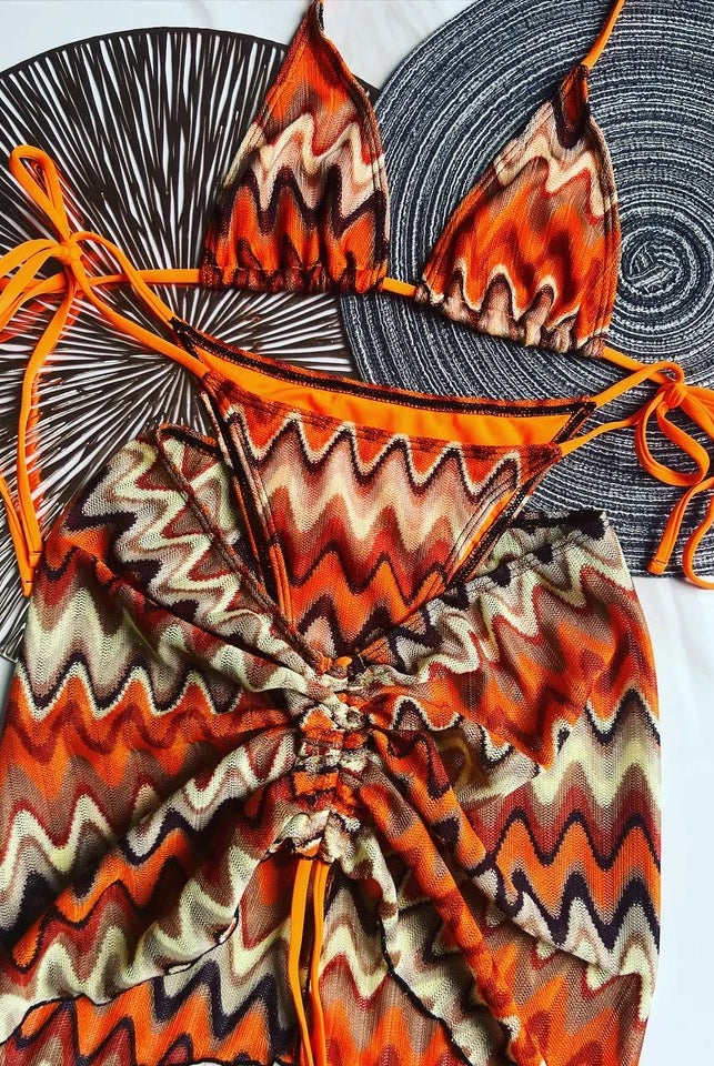 Zig Zag Printed 3 Piece Bikini & Skirt Set In Orange