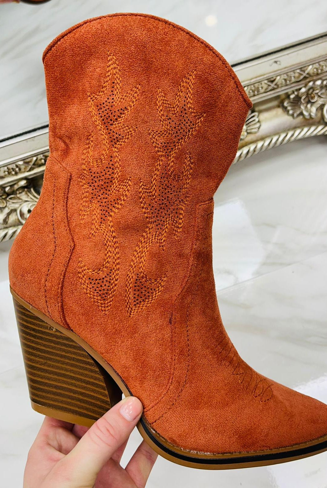 Mini Suede Ankle Cowboy Boot In Burnt Orange, The perfect day to night comfortable ankle boot with a midi|mini heel. 