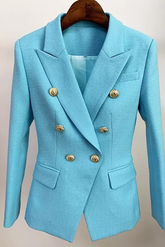 Textured Gold Button Detail Blazer In Blue. Featuring a high quality textured blue fabric, classic gold buttons; lined with a soft satin.