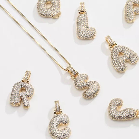 Chunky Bubble Diamante Initial Pendant Necklace In Gold