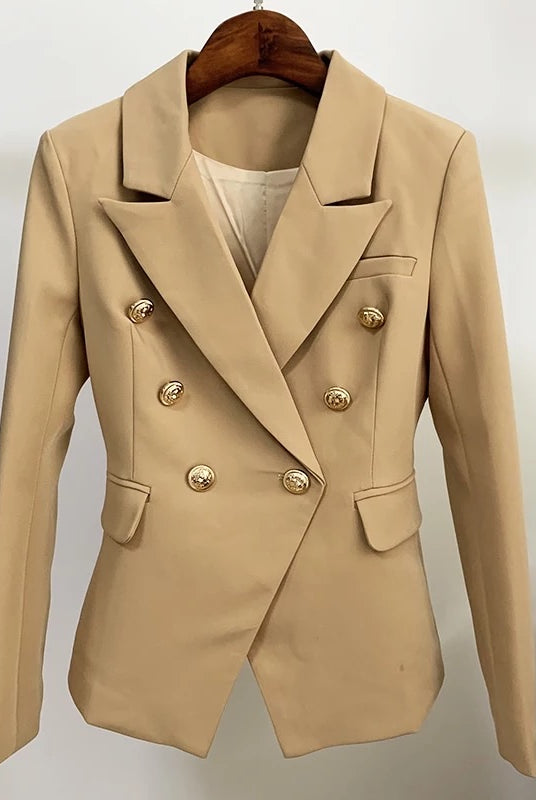Military blazer with gold button detail in beige. Crafted with a high quality soft silk material featuring gold button detailing and a soft satin lining for extra comfort.