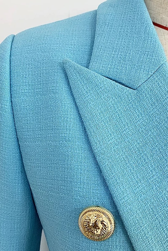 Close up of the textured blue fabric. 
