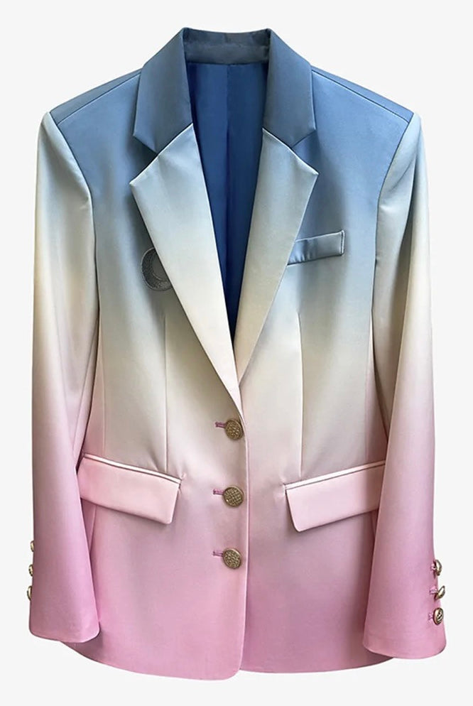 Ombre Gradient Blazer With Gold Button Detail. Crafted from a high quality soft silk fabric and lined with a satin fabric, this blazer is bound to turn heads with it's statement design.