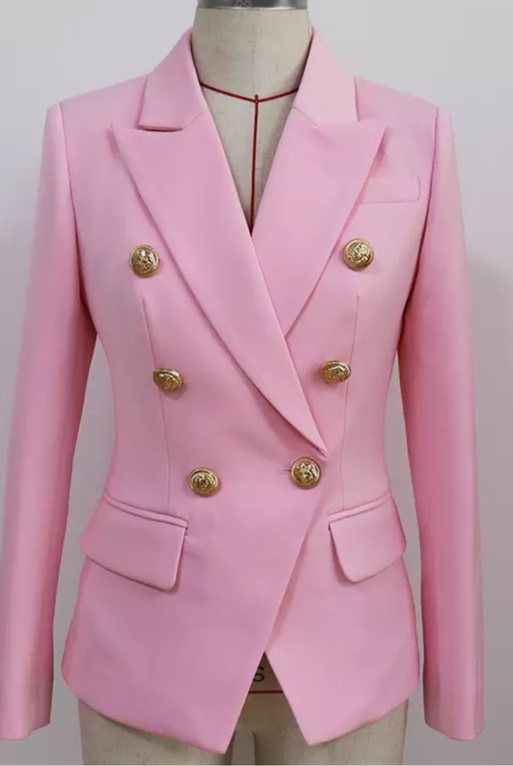 Military gold button detail blazer in baby pink. Crafted with a high quality smooth silk fabric, with added gold button detailing, finished with a soft satin lining.