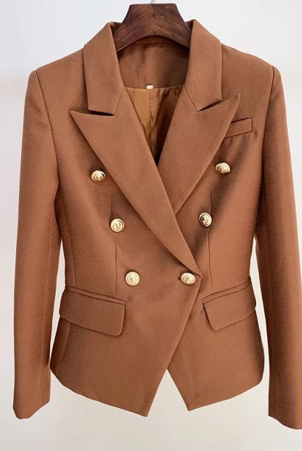 Textured Detail Gold Button Blazer In Brown. Featuring a high quality textured detail blazer with gold button detailing and a soft satin lining.