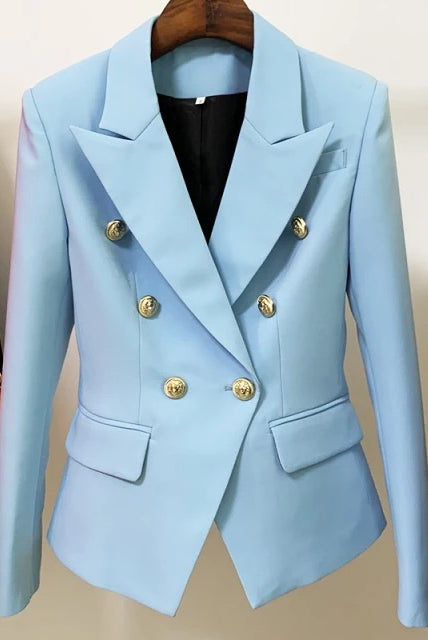 Military gold button detail blazer in baby blue. Made With a high quality smooth silk material detailed with gold luxurious buttons and a soft satin lining.