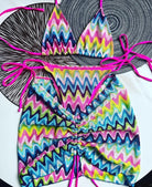 Zig Zag Printed 3 Piece Bikini & Skirt Set In Pink