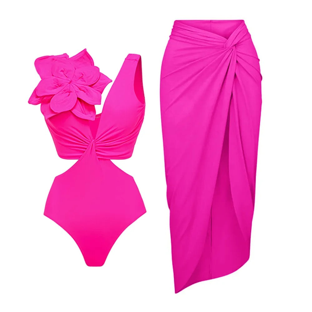 Floral Applique Cut Out Swimsuit With Matching Knot Slit Detail