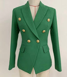 Textured gold button detail blazer in green. Featuring a textured blazer with gold button and satin detail lining.