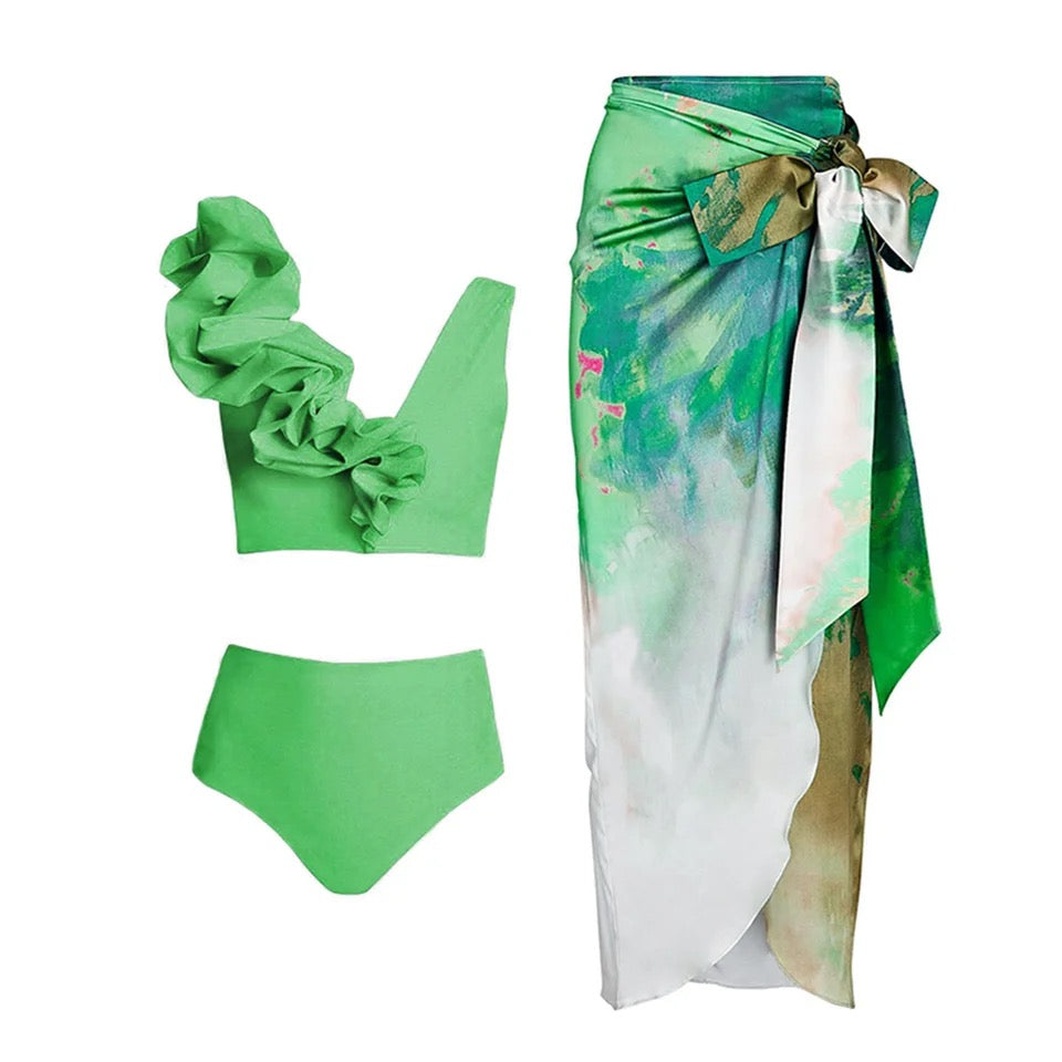 Ruffled Detail high waist bikini in green