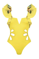 Briggita textured ruffle floral cut out swimsuit in shade yellow