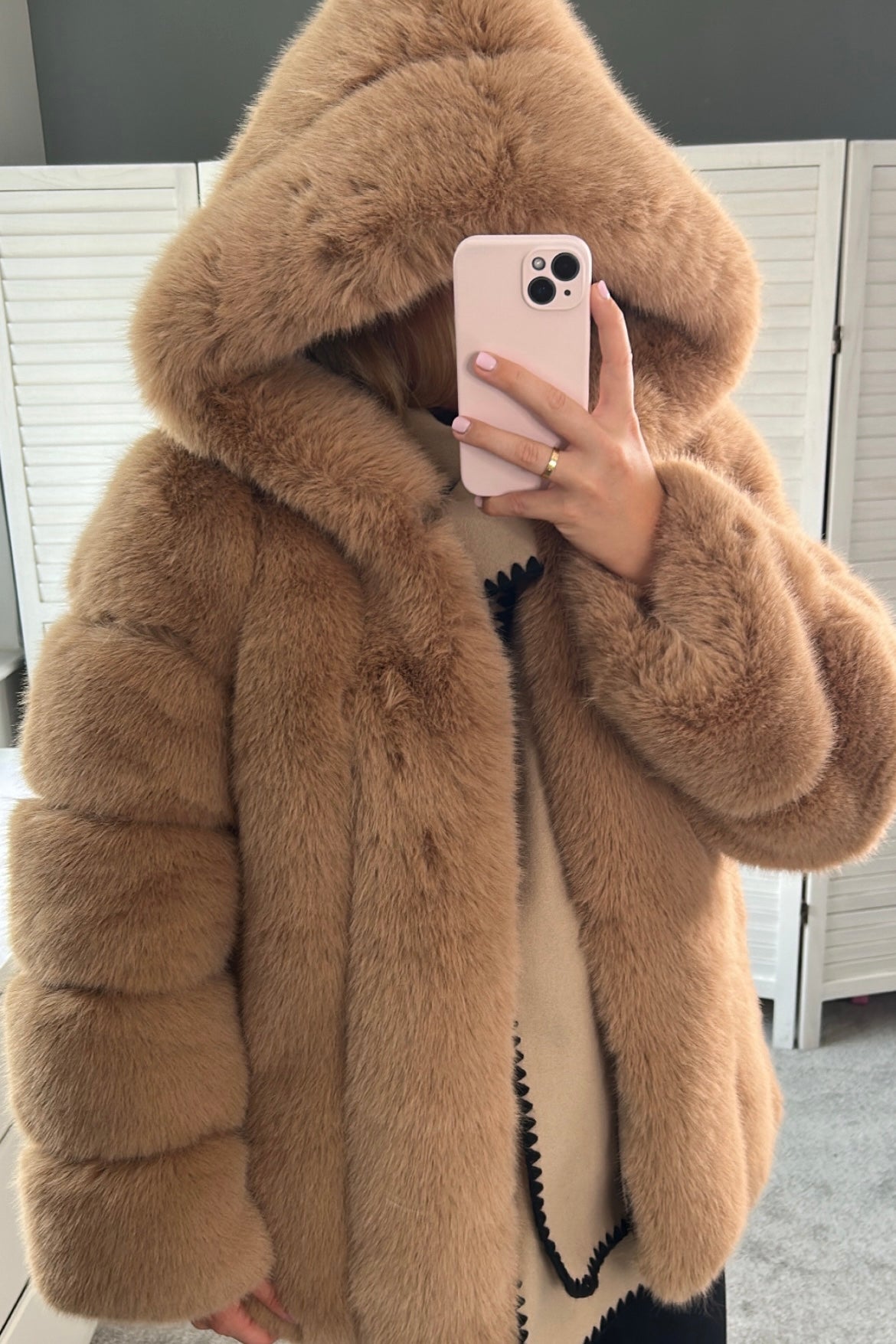 Premium faux fur hooded coat in camel | tan.  This luxury faux fur hood jacket is designed to keep you warm in cold weather. Crafted from a premium faux fur material, it is both soft and durable,