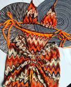 Zig Zag Printed 3 Piece Bikini & Skirt Set In Orange