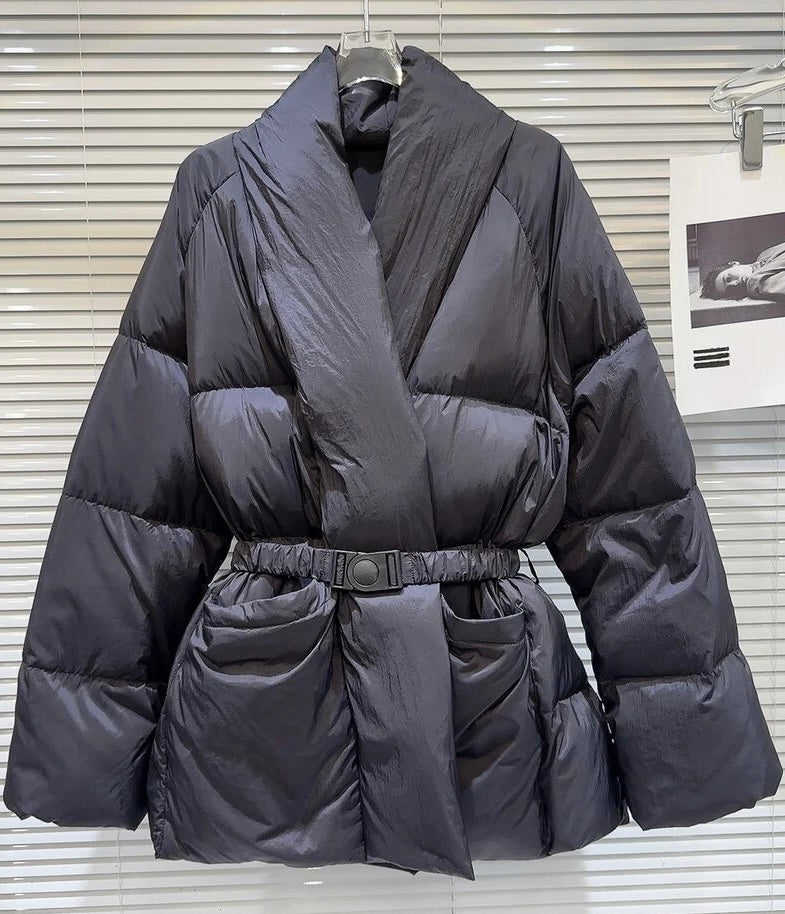 Belted Wrap Over Puffer Jacket | Coat In Black. The most stunning belted wrap over puffer jacket coat in black.