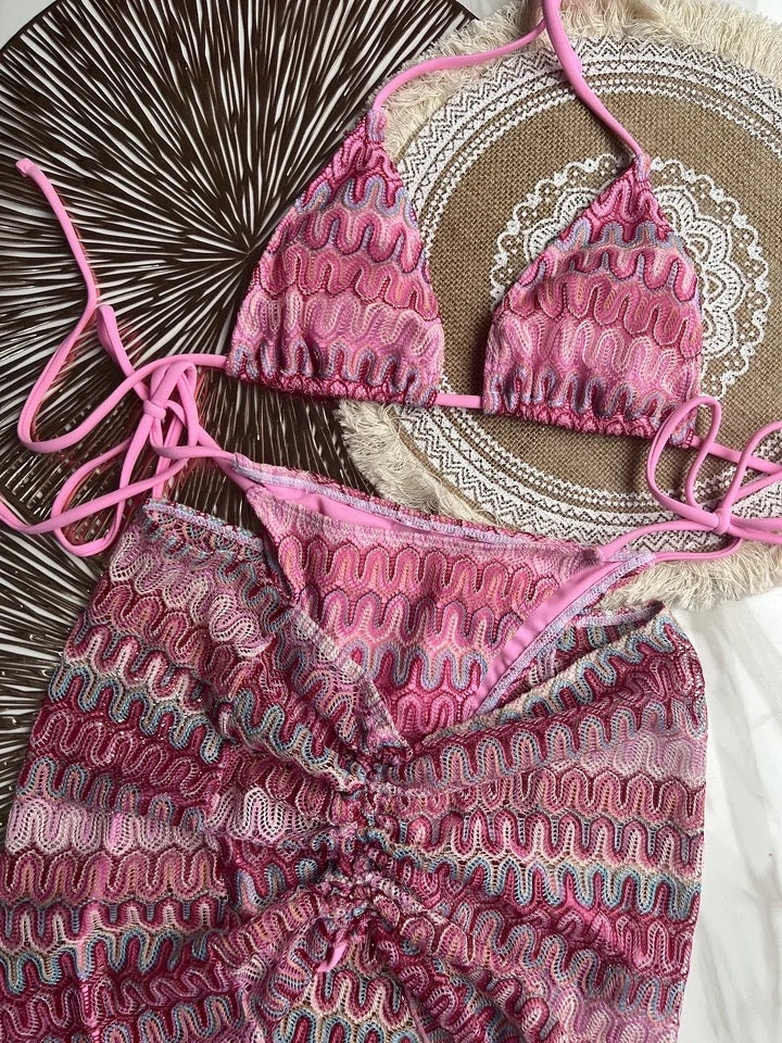 Swirl Printed 3 Piece Bikini & Skirt Set In Pink