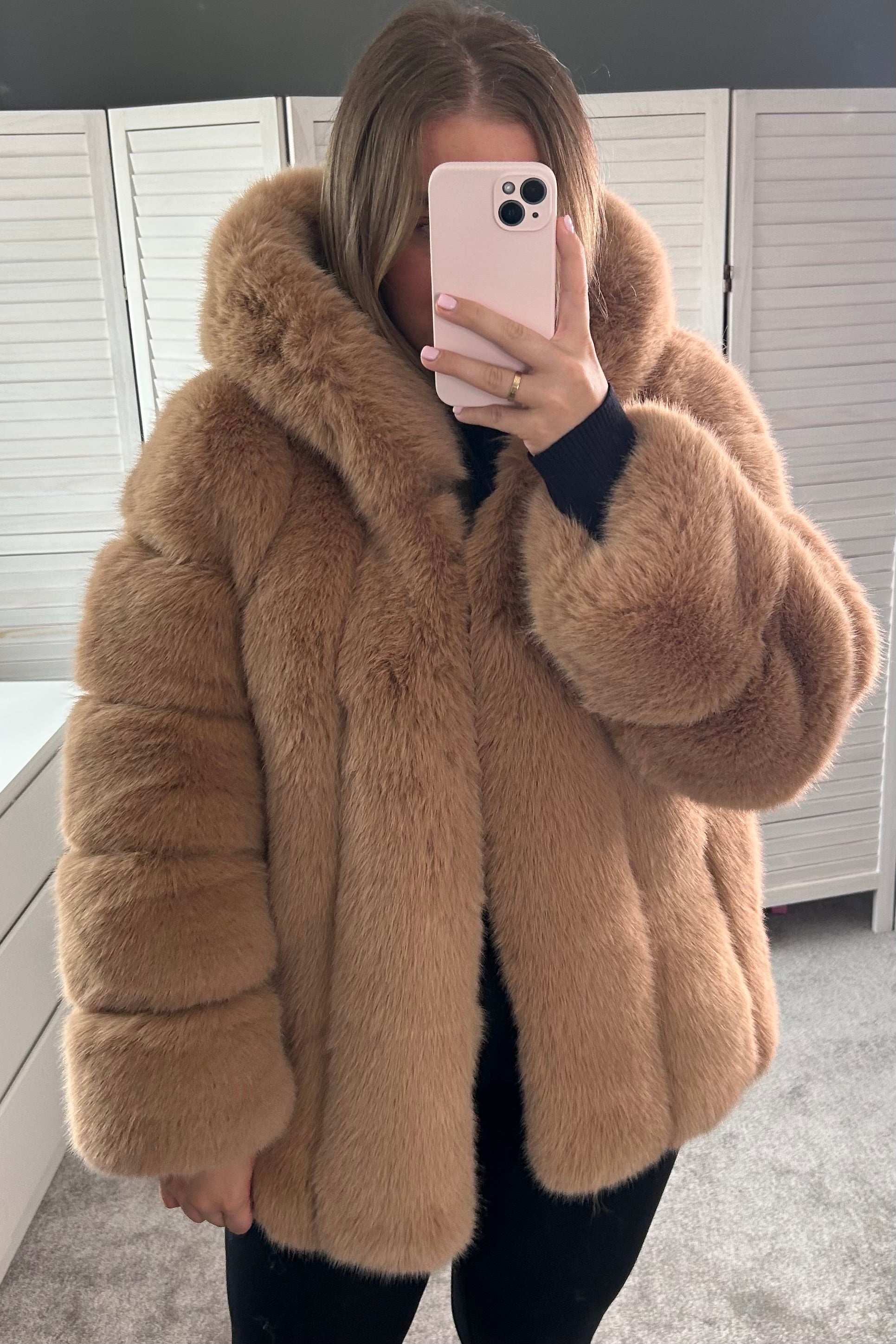 Premium faux fur hooded coat in camel | tan.  This luxury faux fur hood jacket is designed to keep you warm in cold weather. Crafted from a premium faux fur material, it is both soft and durable.