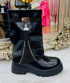 Diamante Fold Over Buckle Boots In Black