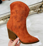 Mini Suede Ankle Cowboy Boot In Burnt Orange, The perfect day to night comfortable ankle boot with a midi|mini heel. 