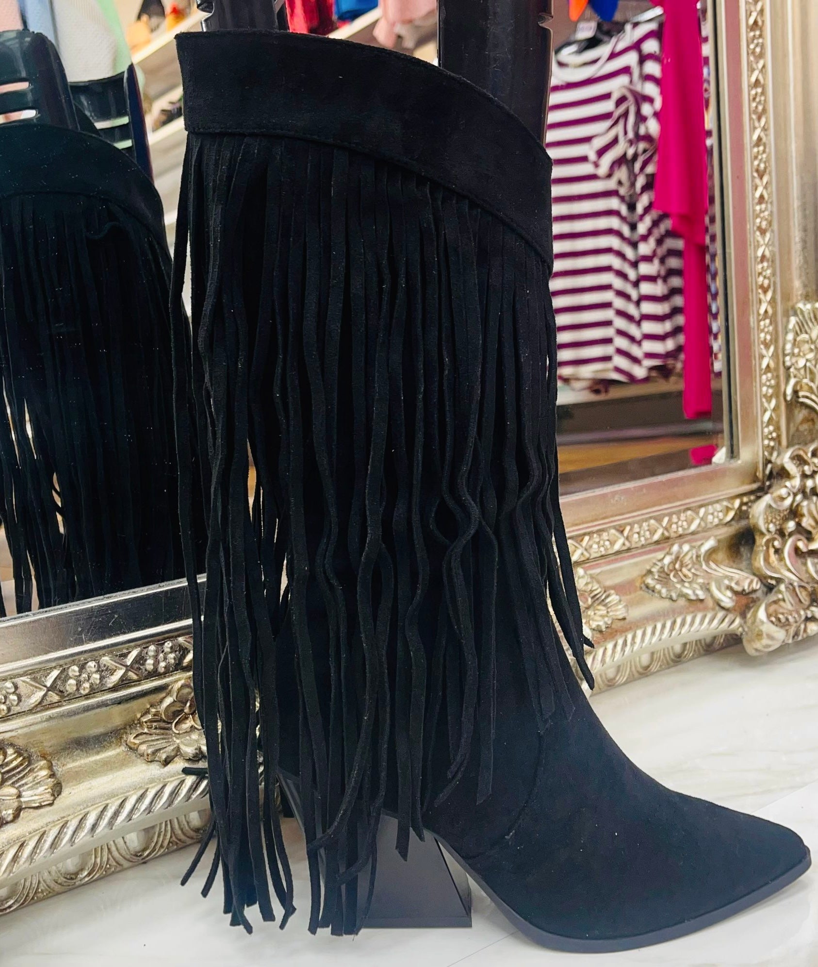 Tassle Cowboy Boots In Black With A Midi-Mini Heel. 