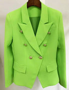 Military gold button detail blazer in fluorescent green. Crafted with a high quality fabric, gold button detailing and satin lining.