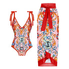 Printed detail tie swimsuit in red