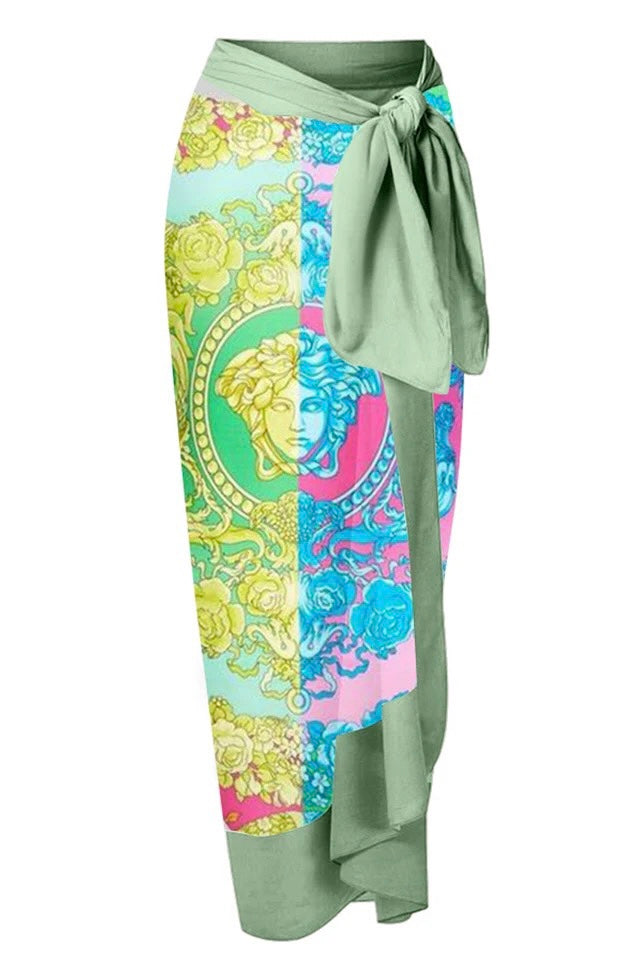 Green Printed Tie Front Sarong In Green & Pink