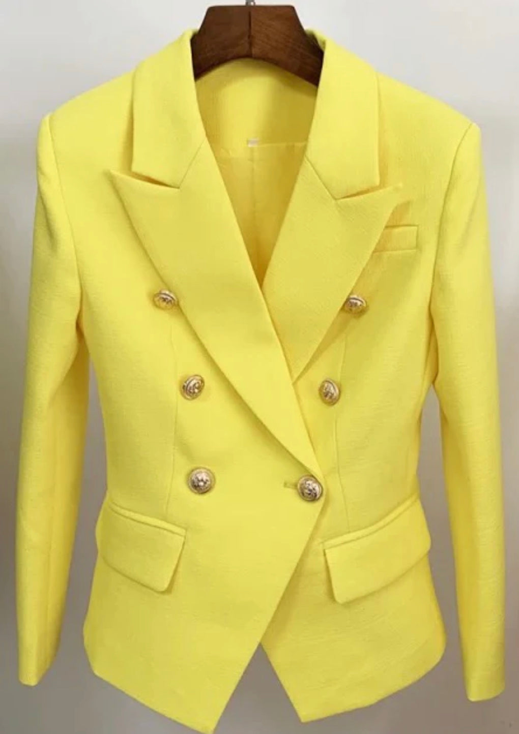 Textured yellow blazer with gold button detailing. Crafted with a high quality textured fabric, gold button detailing & Lined with a soft satin material