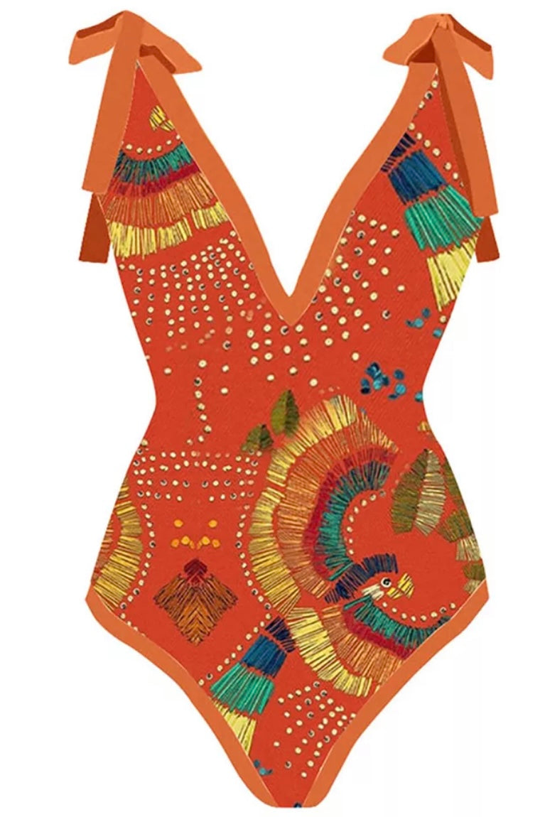 Beatrice Printed Swimsuit Orange Multi Coloured X Puffs And