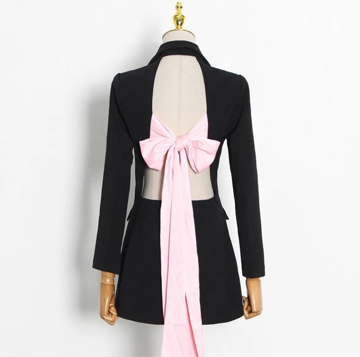 Black Blazer Dress With Large Pink Bow Detail Self Tie Back In Black.