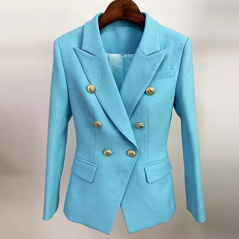 Textured Gold Button Detail Blazer In Blue. Featuring a high quality textured blue fabric, classic gold buttons; lined with a soft satin.