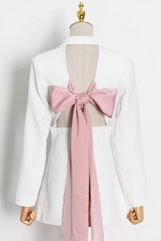 Large Ribbon Back Self Tie Bow Blazer Dress In White