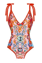 Printed detail abstract red tie swimsuit in red.