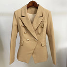 Military blazer with gold button detail in beige. Crafted with a high quality soft silk material featuring gold button detailing and a soft satin lining for extra comfort.