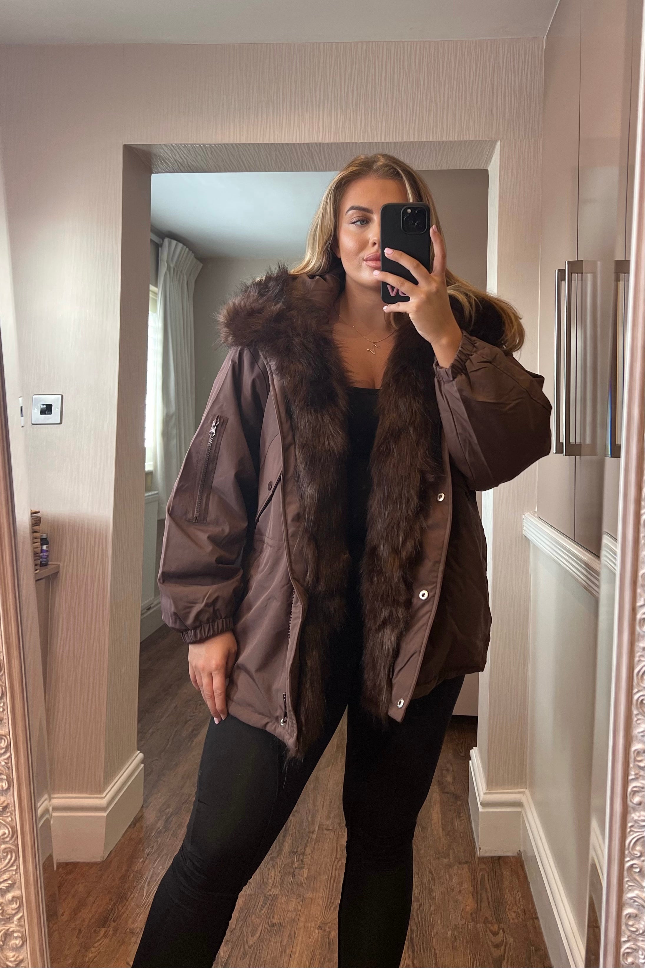 Women's Faux Fur Puffer Hooded Coat In Brown, Oversized Fit.