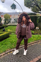 Women's Faux Fur Puffer Hooded Coat In Brown, Oversized Fit.