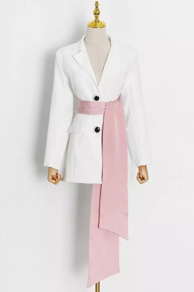 Ribbon Back Bow Detail Blazer Dress in White, Self Tie Back Ribbon Dress