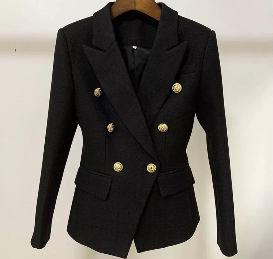 Textured Blazer In Black. Featuring a high quality fabric, gold button detailing and soft satin lining. The Perfect Blazer.