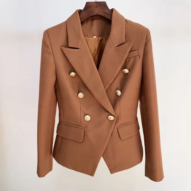 Textured Detail Gold Button Blazer In Brown. Featuring a high quality textured detail blazer with gold button detailing and a soft satin lining.