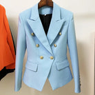 Military gold button detail blazer in baby blue. Made With a high quality smooth silk material detailed with gold luxurious buttons and a soft satin lining.